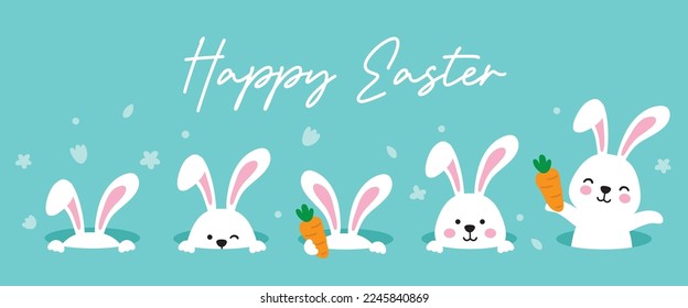 Cute spring Easter bunny rabbits coming out of the ground hole vector illustration. White bunnies peeking out of the rabbit hole.
