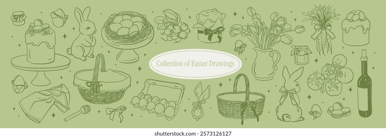 Cute Spring and Easter Drawings Collection. Easter eggs and bread, Bunnies, Baskets, Carrot, Flowers.Whimsical village doodle style.Hand-drawn line illustrations for decor, greeting cards, invitations