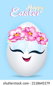 Cute spring easter egg girl with wreath of flowers and text Happy Easter for holiday flyer.