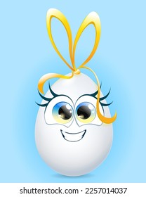 Cute spring Easter egg girl with yellow bow, like rabbit ears on the top 