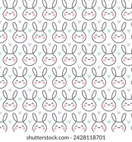 Cute spring easter rabbit or bunny and heart seamless pattern, line style, on white backround