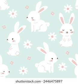 Cute spring easter rabbit and daisy pattern design. Seamless bunny floral pattern for wrapping paper print and baby greeting card textile. Happy Easter Day.