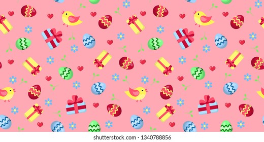 Cute, spring, Easter, seamless pattern: birds, gift boxes, flowers, decorated eggs isolated on pink background-traditional holiday ornament