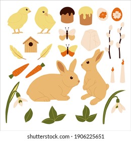 Cute spring Easter set. Elements in the style of flat on a white background. Ideal for decorating Easter products and postcards. Illustrations can be used as stickers