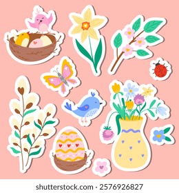 Cute spring Easter stickers set with flower, bird, insect. Vector illustration for sticker kit, scrapbooking, greeting card, poster, tag, party invitation