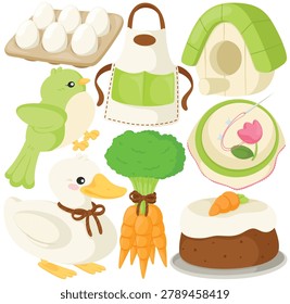 Cute spring Easter vector clipart set with duck, green bird, eggs, carrots, apron, birdhouse, flower hat and carrot cake, isolated on white background, for invitations and stickers