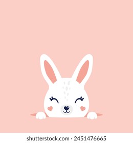 Lindo conejo blanco de Pascua de primavera que sale de la Ilustración vectorial del agujero del suelo. Conejito blanco asomándose fuera de la madriguera del conejo. Pegatinas, arte de la pared, decoración de la habitación de los niños, decoración de Pascua, impresión, decoración