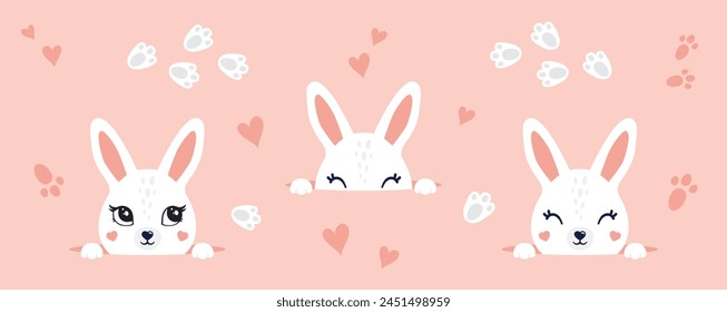 Lindo conejo blanco de Pascua de primavera que sale de la Ilustración vectorial del agujero del suelo. Conejito blanco asomándose fuera de la madriguera del conejo. Pegatinas, arte de la pared, decoración de la habitación de los niños, decoración de Pascua, impresión, decoración