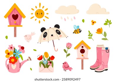 Cute Spring Element Set with birdhouses, flowers, boots, birds, water can and umbrellas. Perfect for scrapbooking, invitations, and digital crafts.