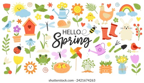 Cute spring elements set. Hello spring lettering. Springtime stickers for poster and greeting cards. Hand drawn vector illustration. 