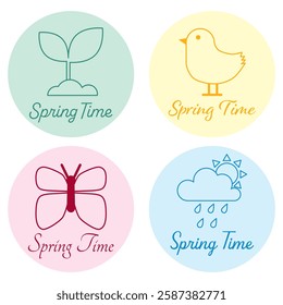 Cute spring elements set. Hello spring. Springtime stickers for poster and greeting cards. Hand drawn vector illustration. Four round stickers with a spring theme. Writing - Spring time.