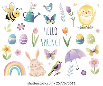 Cute spring elements in watercolor style. Spring holidays, Easter. Collection of childlike stickers in pastel colors.