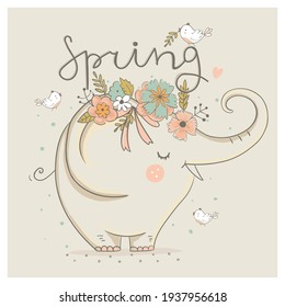 Cute spring Elephant with a wreath and little birds. Hand drawn vector illustration.