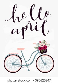 Cute spring floral card template "Hello April". Perfect for invitation, scrapbooking, web, card, blog, sale, calendar cover, notes and many other. Vector illustration 