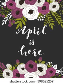 Cute spring floral card template "Hello April". Perfect for invitation, scrapbooking, web, card, blog, sale, calendar cover, notes and many other. Vector illustration 