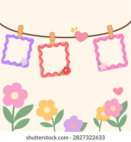Cute Spring Floral Decoration with Hanging Blank Frames and Heart Accents