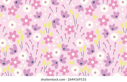 Cute Spring Floral Seamless Pattern on Soft Pink Background – Hand-Drawn Pastel Flower Design.