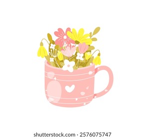 Cute spring flower bouquet in a mug vector isolated on white background. Hand drawn flat cartoon style element perfect for Easter, Mother's day, Women's day, Valentine card