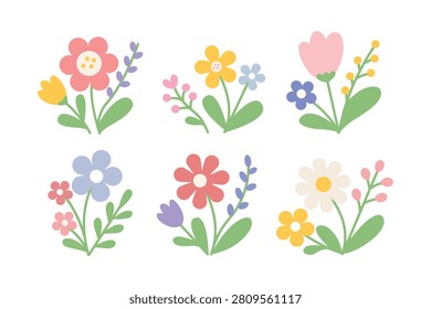 Cute Spring Flower Bouquets Clipart Set. Flat Vector Colorful Floral Arrangements