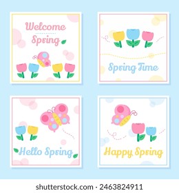 cute spring flower card set, vector illustration