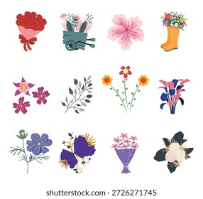 Lindo conjunto de flores y jardín de primavera. Vector Pequeños Elementos florales con botas y jarrones para la jardinería o decoración de tarjetas de felicitación