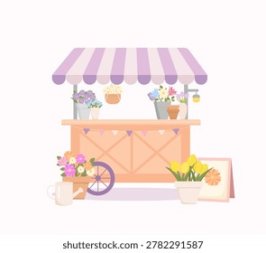 Cute Spring Flower Market Stall with Tulips, Daisies and Pastel Decorations Vector Illustration