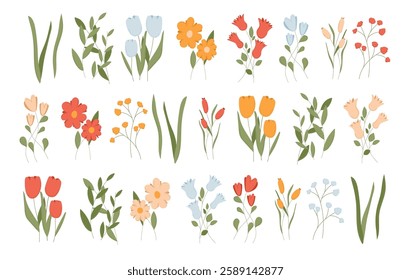 Cute spring flower set. Abstract floral icon with leaf vector element. Doodle summer garden graphic collection. Easter bouquet drawing for scandinavian design. Wildflower and tulip blossom decoration.