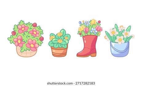 Nettes Frühlingsblumenset. Kawaii Illustrationen von Sträußen in Korb, Stiefel, Topf, Eimer. Fröhliche saisonale Doodle