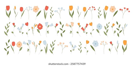 Cute spring flower vector set. Flat floral and plant icon element. Summer leaf from garden clipart. Simple nature graphic with leaves isolated on background. Modern minimal Easter branch design