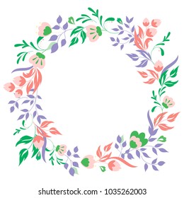 Cute spring flowers arranged in a shape of the wreath. Perfect for wedding invitations and birthday cards. Colorful vector illustration as a postcard, invitation, banner template. Season’s Greetings.