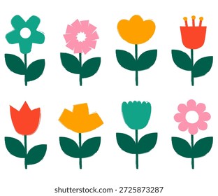Conjunto de ilustración de flores de primavera lindas, estilo plano dibujado a mano, colores pastel, Formas botánicas simples, diseño floral amigable para el vivero