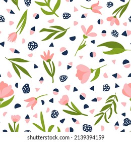 Flores de primavera con hojas sin fisuras, patrón de repetición. Formas geométricas y botánicas vectoriales colocadas al azar por toda la superficie.