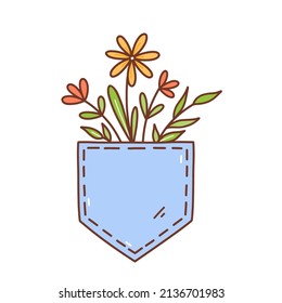 Cute spring flowers in a pocket isolated on white background. Vector hand-drawn illustration in doodle style. Perfect for cards, invitations, decorations, logo, various designs.
