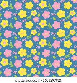 Cute Spring Flowers Seamless Pattern Smiley Flowers wallpaper isolated on background