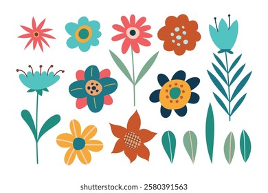 Cute spring flowers set. Colorful flowers and leaves. Hand drawing vector illustration for poster, print, card, background