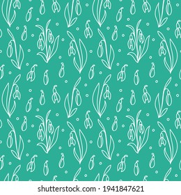 Cute spring flowers Snowdrops. Seamless vector pattern. Hand drawn doodle style. Illustration for the design of fabric, paper, notepads