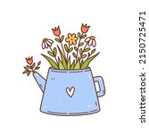 Cute spring flowers in a teapot isolated on white background. Vector hand-drawn illustration in doodle style. Perfect for cards, invitations, decorations, logo, various designs.