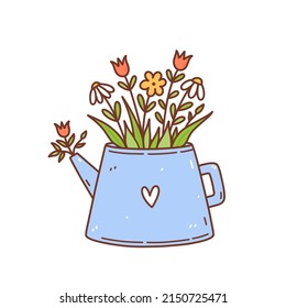 Flores estilizadas de primavera en una tetera aislada de fondo blanco. Ilustración de vectores dibujada a mano en estilo doodle. Perfecto para tarjetas, invitaciones, decoraciones, logotipo, varios diseños.