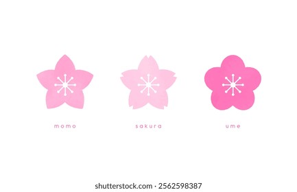 Cute spring flowers. Vector illustration icon set of cherry, peach and plum blossoms.