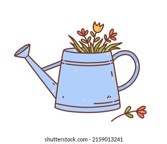 Cute spring flowers in a watering can isolated on white background. Vector hand-drawn illustration in doodle style. Perfect for cards, invitations, decorations, logo, various designs.