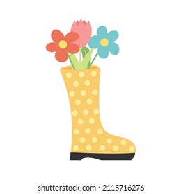 Flores de primavera en botas de goma amarillas, elemento de diseño y decoración, composición de resortes, ilustración vectorial en estilo de dibujos animados, dibujado a mano.