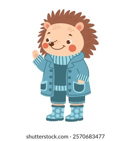 Cute spring forest wood character. Hedgehog wearing a sweater, coat and wellies. Vector illustration isolated on transparent background. 