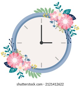 Cute spring forward Sunflower and clock, botanical, leaf in outline line art style. For stickers, gliders, textile design.