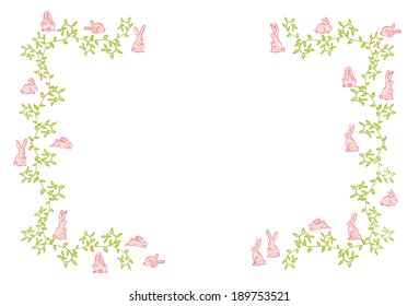 cute spring frame/border with pink rabbits in different positions