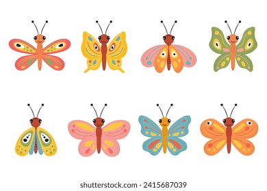 Cute spring funny butterfly clip art, colorful icons, vector illustration. Collection of butterfly in cartoon hand drawn style on white background for cards, posters, tags, cloth printing.
