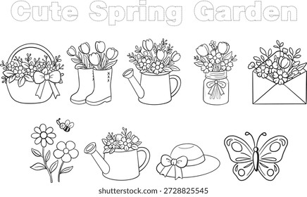 Cute Spring Garden Black Hand draw line illustration