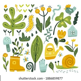 Cuidada colección de jardines primaverales. Elementos coloridos abstractos decorativos. Ilustraciones modernas hechas a mano con flores, hojas, herramientas de jardín, caracol y casa. Serie abstracta.