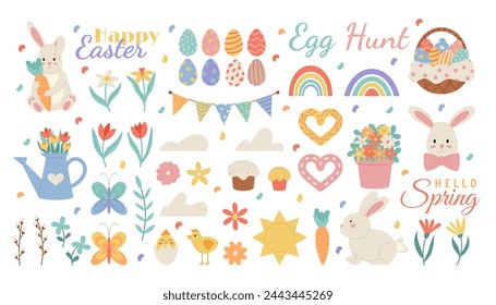 Cute spring garden. Easter holiday. Cartoon animal. Bird and rabbit. Springtime flower. Meadow butterfly. Chicken eggs in basket. Party balloons and flags. Modern floral elements. Vector garish set