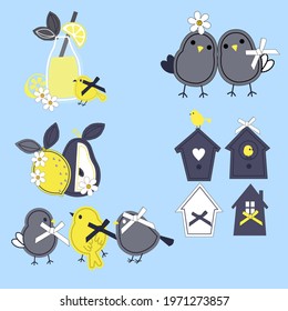 Cute  spring and garden elements as fabric patch applique of bird house, flowers in pots and birds