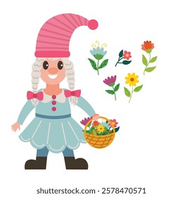 Cute spring garden girl gnome with basket with flowers and cute hat in cartoon flat style.